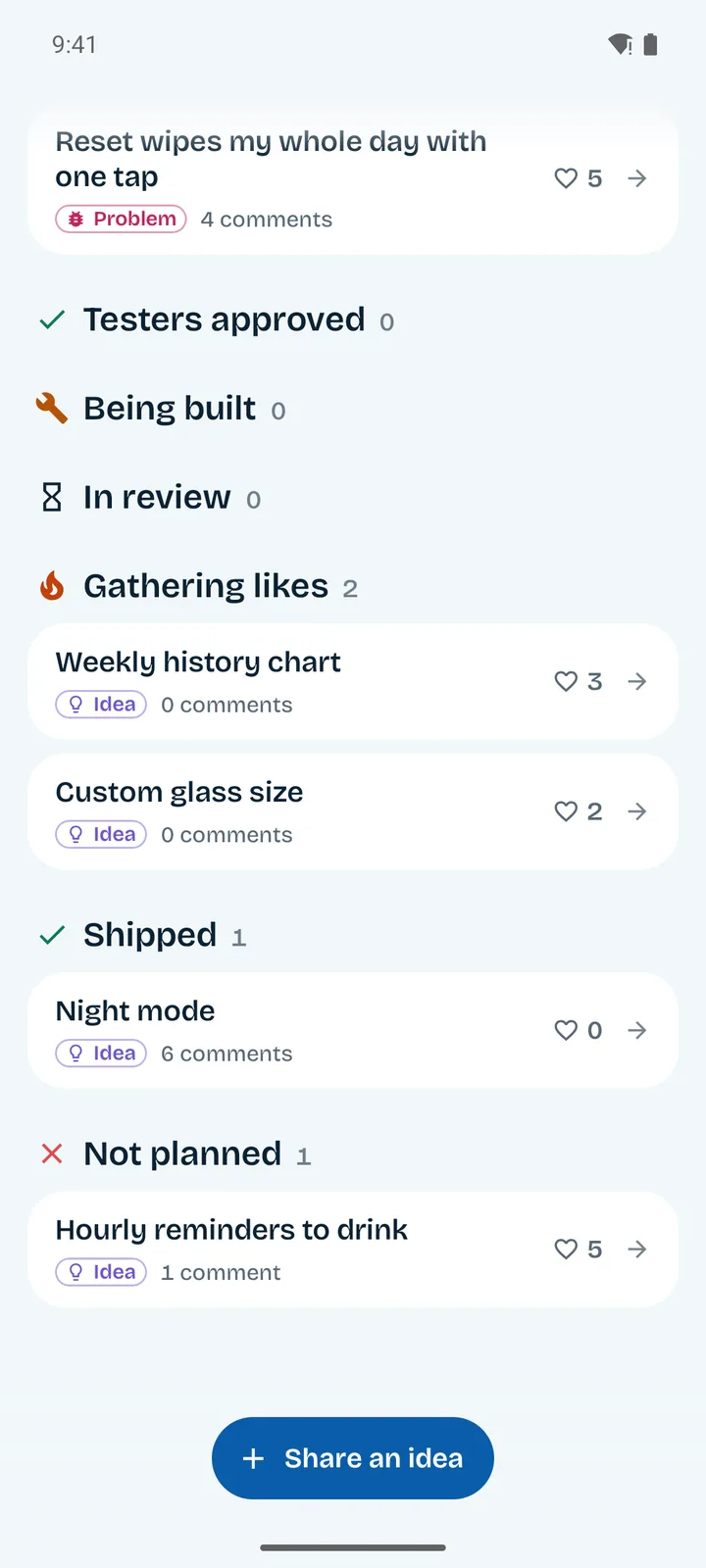 Ideas board in Sip with the Night mode post under Shipped.