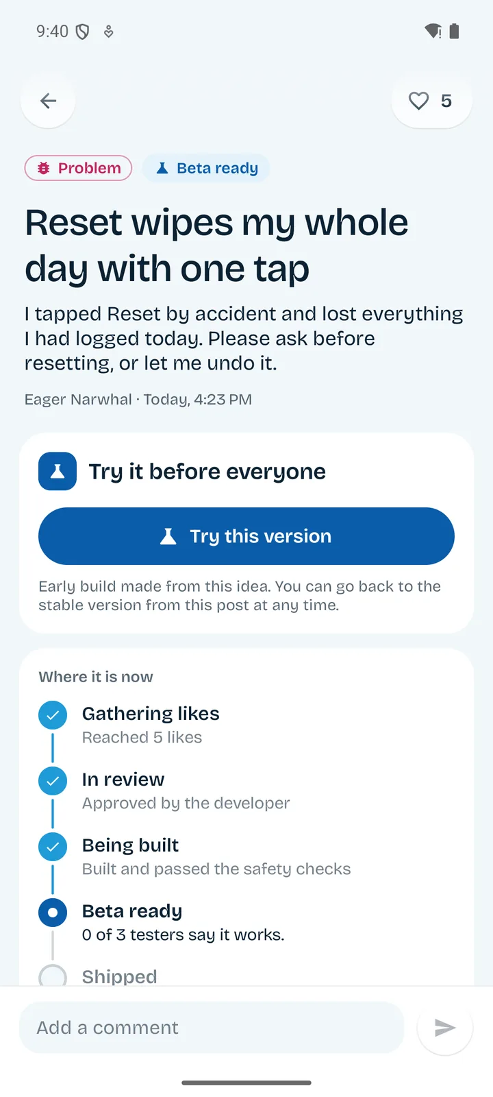 A post in beta with a Try this version button and the stage timeline below it.
